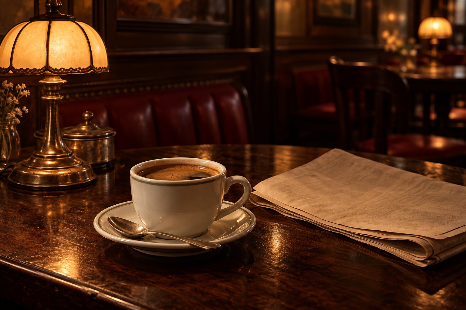 Coffee and a newspaper on a dark walnut table in a warmly lit vintage café